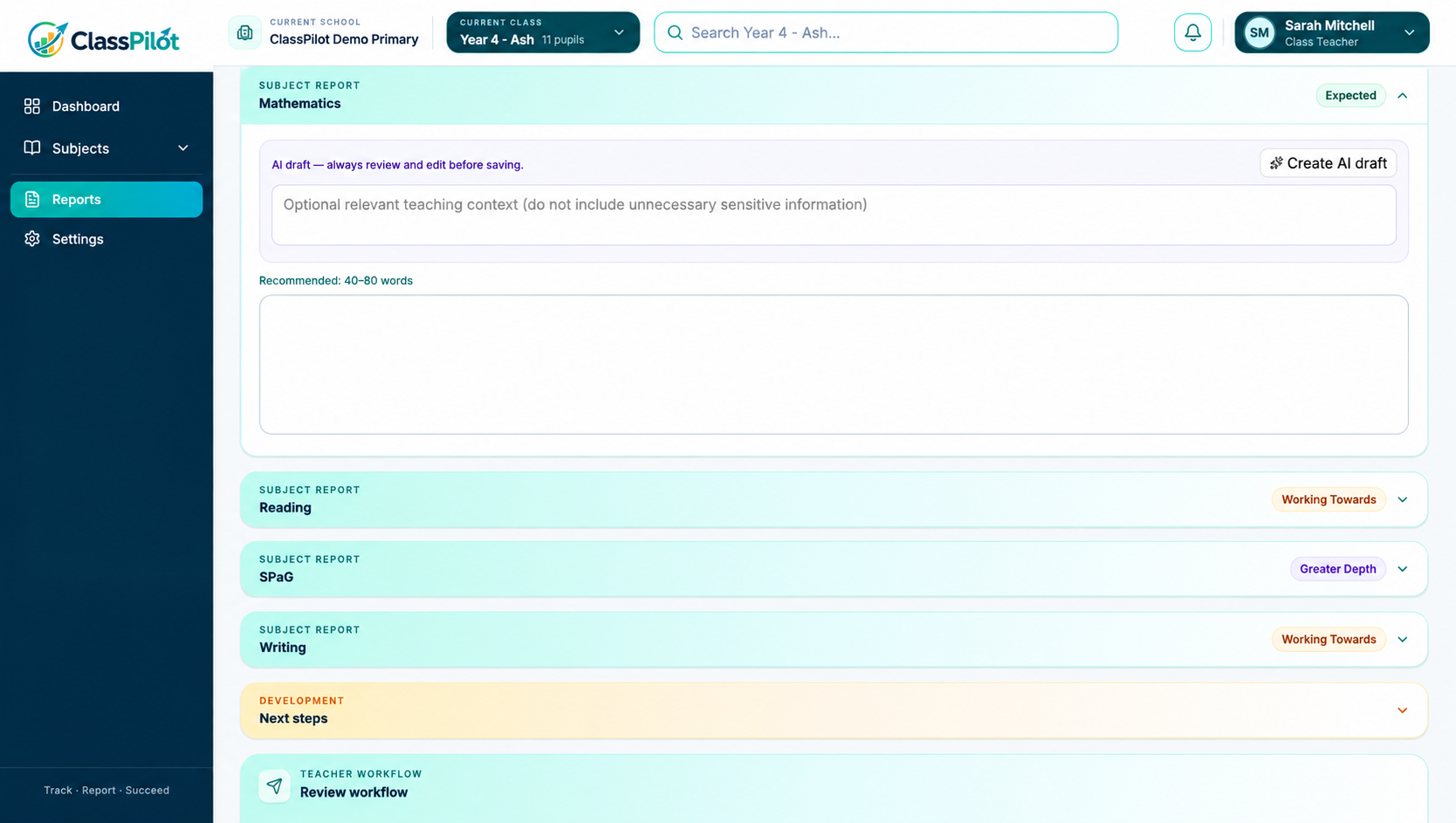 ClassPilot report-writing workspace with an optional AI-assisted draft tool
